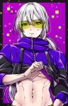  1boy abs aqua_eyes black_border black_jacket black_straps border clothes_lift commentary_request cropped_jacket dragon_quest dragon_quest_x green-tinted_eyewear hero_(dq10) jacket kuro11_222 looking_at_viewer low_ponytail male_focus midriff multicolored_jacket navel ponytail purple_background purple_jacket purple_shirt rimless_eyewear shirt shirt_lift solo squiggle sweatdrop tinted_eyewear toned toned_male two-tone_jacket upper_body white_hair 