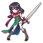 1girl armor aura belt black_hair boots breastplate brown_eyes closed_mouth dress earrings fingerless_gloves fire_emblem fire_emblem:_thracia_776 gloves green_dress highres holding holding_sword holding_weapon jewelry light_smile long_hair mareeta_(fire_emblem) red_scarf scarf shadow_sword_(fire_emblem) shoulder_armor simple_background solo standing sword thigh_strap weapon white_background yukiomi_haku 