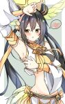  1girl arm_up armpit_focus armpits black_hair detached_sleeves duel_monster grey_background hair_between_eyes hair_ornament highres japanese_clothes kinokohaman long_hair long_sleeves midriff nontraditional_miko ohime_the_manifested_mikanko open_mouth presenting_armpit simple_background solo speech_bubble stomach sweat sweaty_armpits twintails wide_sleeves yellow_eyes yu-gi-oh! 