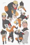  1boy bandaged_arm bandages black_jacket blonde_hair blue_eyes forehead_protector full_body handstand highres jacket konohagakure_symbol long_sleeves multiple_views naruto:_the_last naruto_(series) ninja open_mouth orange_pants pants sandals short_hair simple_background spiked_hair uzumaki_naruto white_background zifletts 