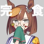  1girl absurdres animal_ears brown_hair burger cheese commentary ear_ornament food food_on_clothes food_on_face food_on_head glasses grey-framed_eyewear grey_background grey_eyes handkerchief highres holding holding_handkerchief horse_ears horse_girl ikuno_dictus_(umamusume) ketchup medium_hair object_on_head pickle portrait purple_shirt round_eyewear sailor_collar sanada_ina school_uniform shirt simple_background sliced_cheese solo tracen_school_uniform translated umamusume white_sailor_collar wiping_mouth 