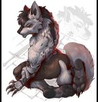 2025 anthro black_body black_fur black_markings black_nose black_sclera bottomwear canid canine canis claws clothed clothing feet fervis_(razim) foot_focus fur heel_pad kredri looking_back loth-wolf male mammal markings mechanical_arm orange_eyes pawpads paws robotic_arm scales shirtless shorts shorts_only solo tail toe_claws topless white_body white_fur wolf