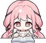  1girl :o artist_request bare_shoulders black_bow black_ribbon blush_stickers book bow bra_strap bright_pupils brown_eyes chibi cropped_torso downturned_eyes expressionless frilled_shirt frills hair_bow hair_ribbon holding holding_book infinity_nikki long_hair long_sleeves low_twintails nikki_(nikki) nikki_(series) non-web_source off-shoulder_shirt off_shoulder official_art open_book parted_lips perfect_start_(infinity_nikki) pink_hair puffy_long_sleeves puffy_sleeves reading ribbon shirt sidelocks solo table tareme transparent_background tress_ribbon twintails very_long_hair wavy_hair white_pupils white_shirt 