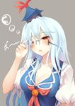  absurdres bad_id bad_pixiv_id bespectacled blue-framed_eyewear blue_hair blush breasts cleavage dress glasses grey_background hat highres jebura kamishirasawa_keine large_breasts long_hair open_mouth puffy_sleeves red_eyes short_sleeves simple_background sleepy solo text_focus touhou upper_body 