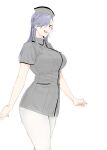  1girl :d asymmetrical_bangs blue_hair breasts collared_shirt commentary_request cowboy_shot fang goshiki_suzu grey_hat grey_shirt hair_ornament hair_over_one_eye hairpin hat highres large_breasts long_hair nurse nurse_cap original pants shirt short_sleeves simple_background smile solo tokiwa_nao white_background white_pants 