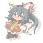  animal_ears balulu_alma black_hair black_thighhighs blue_eyes blush boots bow brown_boots chibi emil_chronicle_online hair_bow homurabi jacket jitome orange_jacket red_bow red_skirt shirt side_ponytail skirt standing standing_on_one_leg striped_clothes striped_shirt thighhighs white_background 