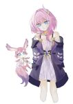  1girl blue_eyes coat commentary_request cropped_legs cyrene_(honkai:_star_rail) dress fluffy_tail hair_ornament highres honkai:_star_rail honkai_(series) jewelry looking_at_viewer medium_hair mem_(honkai:_star_rail) multicolored_hair necklace pink_fur pink_hair pink_pupils purple_coat simple_background smile star-shaped_pupils star_(symbol) symbol-shaped_pupils two-tone_hair uoooo114 white_background white_dress white_hair 