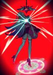  1girl armlet blue_hair frilled_skirt frills full_body highres jewelry lobotomy_corporation long_hair looking_at_viewer magic_circle parted_lips pink_shoes pink_skirt pleated_skirt project_moon queen_of_hatred shoes skirt solo two_side_up very_long_hair wand yatsumeunagi yellow_eyes 