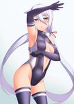  armpits black_eyes breasts covered_nipples elbow_gloves front_zipper_swimsuit gloves long_hair medium_breasts meme_attire myouan one-piece_swimsuit original shirakami_itsuki solo swimsuit thighhighs twintails white_hair 