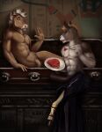 abs animal_genitalia animal_penis anthro balls bared_teeth beef bone brown_balls brown_body brown_eyes brown_fur brown_penis clothed clothing duo equid equine equine_genitalia equine_penis erection food fur genitals hi_res holding_fork holding_plate horse inside lying male male_anthro mammal meat mohawk navel on_side open_bottomwear open_clothing pecs penis satanic_monkey standing steak topless white_body white_fur