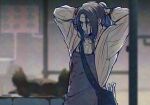  1boy 1other apron autopsy bag bags_under_eyes blood blood_on_clothes blood_on_face blood_on_hands blue_apron blue_hair blurry blurry_background corpse depth_of_field exhausted hair_tie_in_mouth high_ponytail highres icekana male_focus mouth_hold original ponytail pool_of_blood shoulder_bag sidelocks silhouette table tying_hair upper_body vincent_(icekana) white_gown 