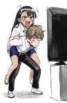  +++ 1boy 1girl 774_(nanashi) :d black_hair black_pants blue_skirt brown_eyes brown_hair carrying closed_mouth collared_shirt fang full_body hachiouji_naoto highres ijiranaide_nagatoro-san long_hair long_sleeves nagatoro_hayase official_art open_mouth pants piggyback pleated_skirt school_uniform shirt short_hair simple_background skin_fang skirt smile tan television white_background white_shirt 