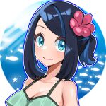  1girl bare_shoulders black_hair blue_eyes blue_hair blue_outline border closed_mouth collarbone fish flower hair_flower hair_ornament inset_border karamomo_(krmmap) light_rays liko_(pokemon) looking_at_viewer multicolored_hair outline pokemon pokemon_(anime) pokemon_horizons red_flower round_border smile solo star_(symbol) swimsuit two-tone_hair underwater 
