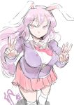  1girl animal_ears blazer breasts closed_mouth commentary_request double_v feet_out_of_frame highres jacket kneehighs large_breasts leaning_forward long_hair long_sleeves looking_at_viewer necktie pink_hair pink_skirt pleated_skirt purple_jacket rabbit_ears rabbit_girl red_eyes red_necktie reisen_udongein_inaba shirt short_necktie simple_background skirt smirk socks swept_bangs touhou v white_background white_shirt yoyoiro_(sysi20) 