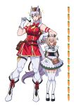  2girls absurdres animal_ears apron armband belt_pouch blonde_hair blush boots breasts dress garter_straps ginotty gloves gold_ship_(umamusume) green_dress green_eyes hat height_difference highres holding holding_smoking_pipe horse_ears horse_girl indie_virtual_youtuber large_breasts long_hair looking_down mary_janes medium_hair multiple_girls muscular muscular_female nervous nimi_nightmare nintendo_switch nurse_cap pillbox_hat pouch rubik&#039;s_cube shoes simple_background smoking_pipe tail tall_female tapir_ears tapir_girl thighhighs umamusume virtual_youtuber white_apron white_background white_hair 