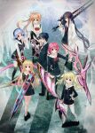  1boy 6+girls arimura_hinae black_pantyhose black_socks black_thighhighs blonde_hair blue_eyes blue_hair breasts brown_eyes brown_hair chaos;child chest_bow collared_shirt d-sword dress_vest everyone flat_chest floating_neckwear game_cg hair_between_eyes hair_ornament hair_ribbon hand_in_pocket hekiho_academy hekiho_academy_school_uniform highres holding holding_weapon huge_weapon jacket kazuki_hana kneehighs kunosato_mio kurusu_nono long_hair long_sleeves looking_at_viewer medium_breasts miyashiro_takuru multiple_girls necktie official_art onoe_serika over_shoulder pantyhose pink_eyes pink_hair ponytail purple_eyes purple_hair red_necktie ribbon sailor_collar sasaki_mutsumi school_emblem school_uniform shirt short_hair short_necktie skirt small_breasts smile socks standing sword sword_over_shoulder thighhighs twintails very_long_hair weapon weapon_over_shoulder white_sailor_collar white_shirt white_socks white_thighhighs yamazoe_uki 
