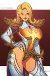  1girl absurdres blonde_hair breasts brown_background cleavage cowboy_shot curly_hair emma_frost highleg highleg_leotard highres large_breasts leotard marvel medium_hair simple_background smgold solo web_address white_leotard yellow_eyes 