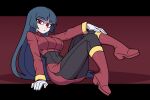  1girl bean52623818 blue_hair blunt_bangs bodysuit bodysuit_under_clothes breasts crop_top cropped_jacket gloves hand_on_own_knee highres jacket large_breasts long_hair long_sleeves medium_breasts pencil_skirt pokemon pokemon_frlg red_eyes red_jacket red_skirt sabrina_(pokemon) side_slit skirt solo straight_hair turtleneck turtleneck_jacket white_gloves 