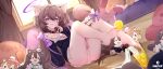  1girl absurdres animal_ear_fluff arm_support barefoot bed bedroom black_collar blush bow breasts brown_hair cat_hair_ornament character_doll collar commentary_request crotch_seam curtains doll double-parted_bangs dutch_angle feet finger_to_mouth food food_on_toes fruit full_body grin hair_between_eyes hair_ornament hair_spread_out hand_up highres indoors knees_up legs lemon lemon_juice lemon_slice letter_hair_ornament long_bangs long_hair looking_at_viewer microskirt off-shoulder_sweater off_shoulder on_floor original panties pantyhose pink_panties pink_skirt pleated_skirt polka_dot polka_dot_panties purple_bow purple_eyes purple_ribbon purple_sweater reclining ribbon shirt sidelocks siroka skirt sleeves_past_wrists small_breasts smile soles solo striped_clothes striped_shirt stuffed_animal stuffed_toy sweater toes two_side_up underwear unworn_pantyhose variant_set vertical-striped_clothes vertical-striped_shirt very_long_hair white_shirt window 