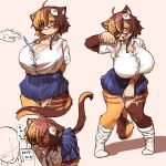 1girl 1other :&lt; :3 :s ahoge alternate_costume animal_ear_fluff arm_up bent_over bespectacled between_breasts blue_skirt breasts brown_background brown_fur brown_hair cat cleavage closed_eyes closed_mouth commentary_request disembodied_hand egg_hair_ornament english_text fang food-themed_hair_ornament furry furry_female glasses hair_ornament highres huge_breasts kagarimachi_konatsu knees_together_feet_apart light_frown loose_socks mixed-language_text multilingual_text multiple_views nekotsuki_kohime_(kagarimachi_konatsu) open_mouth orange_fur original paw_pose pen pleated_skirt pulling_own_clothes raised_inner_eyebrows shirt short_hair simple_background skirt smelling socks speech_bubble translation_request trembling two-tone_fur white_shirt white_socks 