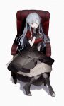  1girl absurdres armchair bang_dream! bang_dream!_it&#039;s_mygo!!!!! black_boots black_corset black_dress black_gloves black_pantyhose black_ribbon boots breasts chair closed_mouth collared_dress commentary corset dress frilled_wrist_cuffs frills gloves grey_hair hair_ribbon hand_on_own_chin hand_up highres kumo_tabetai lace lace_gloves large_breasts long_hair looking_at_viewer multicolored_dress pantyhose red_dress ribbon see-through_clothes see-through_gloves short_sleeves simple_background sitting solo togawa_sakiko white_background wrist_cuffs yellow_eyes 
