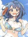  1girl ahoge bikini blue_bikini blue_eyes blue_hair blue_sky blush breast_slip breasts commentary_request food fukaku-tei highres holding holding_food hot_dog make_heroine_ga_oo_sugiru! medium_breasts medium_hair navel nipples open_mouth side-tie_bikini_bottom sky solo swimsuit upper_body w_arms wardrobe_malfunction yanami_anna 