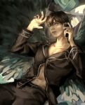  1girl abs belt black_wings breasts brown_coat brown_eyes brown_hair claw_pose cleavage coat cowboy_shot feathered_wings genderswap genderswap_(mtf) hair_between_eyes head_on_pillow highres holding holding_phone kim_dokja leaning_back lying macaronijail omniscient_reader&#039;s_viewpoint on_back one_eye_closed partially_unbuttoned phone pillow short_hair solo stomach wings 