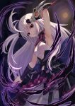  1girl absurdres ahoge arm_up armpits aura bare_shoulders belt black_background black_belt black_skirt bow bowtie breasts card dark_aura duel_masters duel_masters_play&#039;s elbow_gloves frilled_skirt frills from_above full_moon gloves grey_hair highres holding holding_card long_hair looking_at_viewer luca_(duel_masters) medium_breasts moon one_side_up red_bow red_bowtie red_eyes shirt skirt sleeveless sleeveless_shirt solo tsuseki white_shirt 