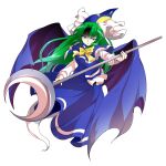  1girl alphes_(style) blue_capelet blue_hat blue_shirt blue_skirt bow bowtie breasts capelet commentary_request crescent dairi demon_wings full_body ghost_tail green_eyes green_hair hair_intakes hat highres holding holding_staff large_variant_set long_hair long_skirt long_sleeves looking_at_viewer medium_breasts mima_(touhou) parody shaded_face shirt skirt skirt_set smile solo staff style_parody sun touhou touhou_(pc-98) transparent_background undershirt variant_set white_shirt wing_cape wings wizard_hat yellow_bow yellow_bowtie 