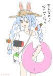  0_0 1girl animal_ear_fluff animal_ears bag bare_shoulders blue_hair bow braid brown_hat bug_cage carrot_hair_ornament chibi commentary_request ears_through_headwear food-themed_hair_ornament hair_between_eyes hair_bow hair_ornament hat highres holding hololive innertube kiritoma long_hair multicolored_hair nintendo_switch off_shoulder parted_lips rabbit_ears shirt short_eyebrows shoulder_bag signature simple_background solo standing straw_hat swim_ring thick_eyebrows translation_request twin_braids twintails two-tone_hair usada_pekora usada_pekora_(summer) very_long_hair virtual_youtuber white_background white_bow white_hair white_shirt 