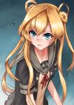  1girl abukuma_(kancolle) abukuma_kai_ni_(kancolle) black_jacket blonde_hair blue_eyes cardigan derivative_work double_bun grey_sailor_collar hair_bun hair_rings highres jacket kantai_collection long_hair meme owada_(kousonhuchi) sailor_collar sailor_moon_redraw_challenge_(meme) school_uniform serafuku short_sleeves solo tile_floor tiles twintails upper_body 