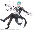  1boy black_flower black_jacket black_pants black_rose black_shoes black_socks blue_bow blue_bowtie blue_vest boutonniere bow bowtie bug butterfly commentary crossed_legs dress_shoes earrings esker_(king&#039;s_raid) flower full_body gloves gold_bowtie gold_trim green_hair grey_eyes groom hwansang_jungdog jacket jewelry king&#039;s_raid looking_at_viewer official_alternate_costume official_art pants petals rose shoes silver_trim simple_background single_earring smirk socks solo sparkle striped_bow striped_bowtie striped_clothes suit_jacket tailcoat vest wedding_suit white_background white_gloves white_jacket white_shoes 