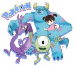  1girl 3boys animification boo_(monsters_inc.) colored_skin cyclops extra_legs green_eyes green_hair horns james_p._sullivan lizard_tail mike_wazowski monster monsters_inc. multiple_boys one-eyed open_mouth parody personification poke_ball pokemon purple_skin randall_boggs reptile_boy sharp_teeth short_hair smile tail teeth yokotn 