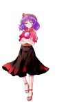  1girl alphes_(style) anklet breasts brown_sandals commentary_request crossed_arms dairi frilled_sleeves frills full_body hair_ornament half-closed_eyes highres jewelry large_variant_set layered_sleeves long_sleeves looking_at_viewer medium_breasts medium_hair mirror parody purple_hair red_eyes rope rope_belt sandals shirt short_over_long_sleeves short_sleeves skirt smile solo style_parody tachi-e touhou transparent_background variant_set yasaka_kanako 
