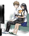  1boy 1girl 774_(nanashi) :d black_hair black_pants blue_skirt brown_eyes brown_hair closed_mouth collared_shirt couch full_body grin hachiouji_naoto ijiranaide_nagatoro-san long_hair long_sleeves looking_at_another nagatoro_hayase official_art pants pleated_skirt shirt short_hair simple_background sitting skirt smile stuffed_animal stuffed_toy tan teeth television white_background white_shirt 