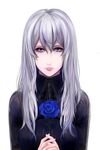  absurdres blue_flower blue_rose early_type flower grey_eyes hair_between_eyes hands_clasped highres lipstick long_hair looking_at_viewer makeup original own_hands_together rose silver_hair solo 