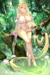  1girl absurdly_long_hair absurdres akusamu azur_lane barefoot blonde_hair branch breasts cleavage commentary_request elf forest full_body gouden_leeuw_(azur_lane) hand_on_own_cheek hand_on_own_face highres huge_breasts jungle long_hair looking_at_viewer nature outdoors pelvic_curtain pointy_ears pubic_tattoo purple_eyes revealing_clothes see-through_clothes see-through_pelvic_curtain sitting_on_branch solo tattoo very_long_hair water 