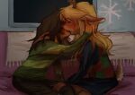 ambiguous_gender anthro antlers bent_over black_bottomwear black_clothing black_skirt blonde_hair blush blush_lines blushing_profusely bottomwear brown_body brown_fur caressing checkered checkered_clothing checkered_shirt checkered_topwear clothed clothed_anthro clothed_human clothing covered_eyes dark_hair deer deltarune detailed_background dipstick_tail duo electronics eyebrows eyes_closed female female/ambiguous female_anthro fingers french_kissing fully_clothed fully_clothed_anthro fully_clothed_human fur furniture hair hair_over_eyes hand_in_hair hand_on_leg hand_on_thigh hi_res holding_head horn human interspecies_romance kissing kris_(deltarune) long_ears long_hair love mammal markings new_world_deer noelle_holiday pants pattern_clothing pattern_shirt pattern_topwear pumee001 raised_tail red_nose reindeer romantic romantic_couple scut_tail shirt short_hair short_tail signature sitting skirt snowflake sofa striped_clothing stripes sweater tail tail_markings television topwear touching_hair undertale_(series)