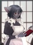  1girl animal_ear_fluff apron black_dress black_hair black_nails blurry blurry_background book cat character_request check_character closed_mouth collar dress english_commentary fang from_side furry furry_female glasses hair_between_eyes holding holding_book light_frown maid_apron open_book original reading red_eyes round_eyewear short_hair solo swept_bangs upper_body white_collar window woopo 