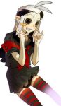  1girl baldur&#039;s_gate baldur&#039;s_gate_3 black_eyes black_serafuku dungeons_&amp;_dragons genderswap genderswap_(mtf) gev multicolored_hair pleated_skirt school_uniform serafuku skirt smile solo the_dark_urge_(baldur&#039;s_gate) thighhighs two-tone_hair white_background white_hair zettai_ryouiki 