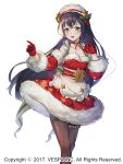  1girl apron black_hair breasts brown_pantyhose choker christmas commentary detached_sleeves dress feet_out_of_frame frilled_straps frilled_thigh_strap frills fur-trimmed_dress fur-trimmed_sleeves fur_hat fur_trim gloves green_eyes green_ribbon hair_ornament hands_up hat hat_ornament highres holding holding_ribbon holly holly_hair_ornament holly_hat_ornament hwansang_jungdog king&#039;s_raid long_hair looking_at_viewer mediana medium_breasts official_alternate_costume official_art open_mouth pantyhose red_dress red_garter red_gloves red_ribbon red_sleeves ribbon ribbon_choker santa_costume santa_dress short_apron simple_background smile snowflake_ornament snowflake_print solo straight_hair striped_ribbon thigh_strap very_long_hair waist_ribbon white_apron white_background white_fur white_hat white_ribbon 