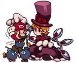  1girl artist_name bob-omb bomb brown_hair dated dress facial_hair george_the_bomb ghost-pepper gloves hat head_grab mario mario_(series) mechanical_arms mustache peacock_(skullgirls) short_hair simple_background skullgirls super_mario_bros. top_hat trait_connection white_background white_gloves 