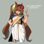  1girl alternate_skin_color animal_ears archives.gokulism bangle blue_gemstone bow bracelet daiwa_scarlet_(umamusume) dark-skinned_female dark_skin fang gem grey_background hair_bow hair_intakes hand_on_own_hip highres horse_ears horse_girl index_finger_raised indian_clothes jewelry long_hair looking_at_viewer malayalam_text midriff navel red_bow red_eyes simple_background solo tiara translation_request twintails umamusume very_long_hair 
