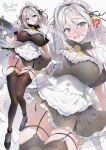  !? 1girl @_@ ahoge apron blush breasts cleavage closed_mouth clothes_lift dress english_text fate/grand_order fate_(series) frilled_dress frills full_body garter_straps gloves grey_eyes hair_between_eyes high_heels highres holding holding_tray huyan_zhuo_(fgo_fes._2025)_(fate) large_breasts looking_at_viewer maid maid_apron maid_headdress multicolored_hair multiple_views open_mouth ribbon sasakuma_kyouta short_sleeves skirt skirt_lift solo streaked_hair thick_thighs thighhighs thighs tray white_gloves white_hair zettai_ryouiki 