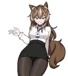  &gt;:) 1girl absurdres animal_ear_fluff animal_ears badge black_choker black_pantyhose breasts brown_eyes brown_hair callisto_(greyeth) choker fox_ears fox_tail highres jonasmk large_breasts leaf looking_at_viewer maple_leaf multicolored_hair office_lady original panties panties_under_pantyhose pantyhose second-party_source solo streaked_hair tail thighband_pantyhose underwear v-shaped_eyebrows 