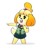 2023 3_fingers animal_crossing anthro bangs barefoot bell_hair_tie black_eyes black_nose blonde_hair blue_bottomwear blue_clothing blue_skirt bottomwear bow_tie button_(fastener) canid canine canis clothed clothed_anthro clothed_female clothing colored cookieboy011 digital_drawing_(artwork) digital_media_(artwork) dipstick_tail domestic_dog english_description facial_markings featureless_feet feet female female_anthro fingers floppy_ears fluffy_ears full-length_portrait fully_clothed fully_clothed_anthro fully_clothed_female fur gesture green_clothing green_topwear green_vest hair hand_gesture head_markings isabelle_(animal_crossing) light lighting lop_ears mammal markings multicolored_hair nintendo open_mouth open_smile orange_ears orange_hair pattern_clothing pattern_topwear pattern_vest pink_tongue plaid plaid_clothing plaid_topwear plaid_vest pockets pointing ponytail portrait pupils red_bow_tie red_hair_tie shaded shih_tzu shirt simple_background skirt smile solo standing tail tail_markings teeth tongue topwear toy_dog two_tone_hair two_tone_tail vest white_background white_clothing white_markings white_pupils white_shirt white_tail_tip white_topwear yellow_body yellow_fur