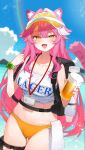 1girl absurdres alcohol animal_ears aotake_iro backpack bag beer belt bikini black_bag black_belt blue_sky blush breasts cleavage cloud cloudy_sky collarbone commentary cup day english_commentary eyeshadow fang fingernails foam hair_intakes hat highres holding holding_cup hololive hololive_english large_breasts lens_flare long_hair looking_at_viewer makeup multicolored_hair nail_polish navel no_pants open_mouth outdoors panther_ears panther_girl panther_tail pink_hair pink_nails raora_panthera red_eyeshadow ribbed_shirt see-through_hat shirt sky smile solo stomach streaked_hair sweat swimsuit tail thighs towel uriko_(baseball) virtual_youtuber visor_cap watch white_shirt wristwatch yellow_bikini yellow_eyes yellow_hat 