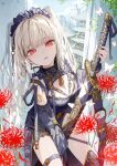  1girl absurdres architecture between_thighs black_dress black_hairband black_thighhighs blonde_hair blue_sky blunt_bangs blush breasts bug building butterfly chest_harness cleavage cloud commentary_request day detached_sleeves dress earrings east_asian_architecture flower frilled_dress frilled_hairband frills glint glowing_butterfly gold_trim hairband hand_on_hilt hand_up harness highres holding holding_sword holding_weapon jewelry katana lace_trim long_hair long_sleeves looking_at_viewer medium_breasts negimapurinn number_tattoo open_mouth original outdoors red_eyes red_flower sheath sitting sky solo spider_lily sword tassel tassel_earrings tattoo thigh_strap thighhighs thighs twintails unsheathing very_long_hair weapon 