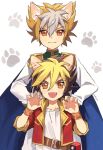  2boys age_difference amanogawa_ginga amanogawa_ryuusei animal_ear_fluff animal_ears artist_name belt belt_buckle belt_pouch black_hair blonde_hair blue_cape brothers brown_belt brown_eyes buckle cape cat_boy cat_ears claw_pose commentary epaulettes fangs green_trim hair_between_eyes hands_up height_difference high_collar highres jacket jinzou_konchuu_kabutoborg_vxv kuroda_(kuro_yyy) looking_at_viewer male_focus multiple_boys open_clothes open_jacket paw_print paw_print_background pouch shirt short_hair siblings signature simple_background standing upper_body white_background white_hair white_shirt wristband 