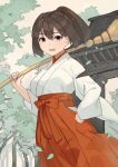 1girl alternate_costume breasts broom brown_eyes brown_hair commentary_request hair_between_eyes hair_ribbon hakama hand_on_own_hip holding holding_broom ise_(kancolle) japanese_clothes kantai_collection kimono large_breasts leaf looking_at_viewer miko mitsuyo_(mituyo324) open_mouth outdoors ponytail red_hakama red_ribbon ribbon solo white_kimono wide_sleeves 